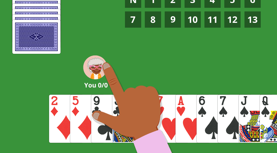 A finger taps the player's avatar in the spades game to switch to another one.