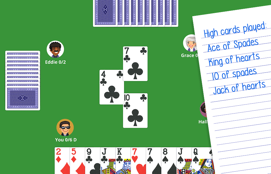 A spades game with a note showing the high cards already played.