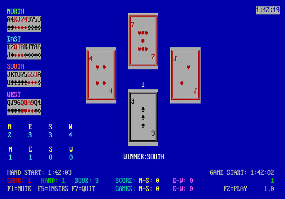 Capture from Tommy’s Spades, the first visual card spades game on MS-DOS, created by Tommy’s Toys in 1988.